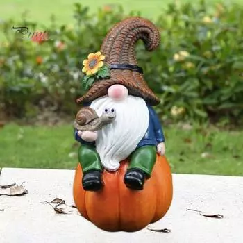 Садовая тыква Гном Фигурка держащая улитку Сидящий гном Эльф Статуэтка из смолы Скульптура для дома и улицы День благодарения Праздник урожая Осень Рабочий стол A