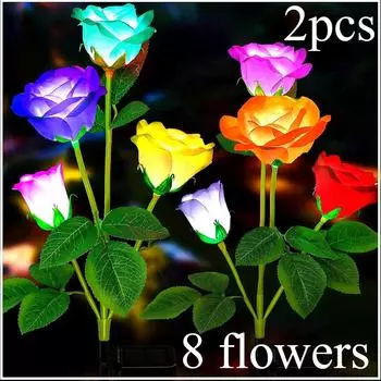 Садовые фонари на солнечной батарее - Наружные солнечные фонари, 7-цветные меняющие цвет фонари в виде роз, Декор для сада, Увеличенные солнечные панели, Более реалистичные розы