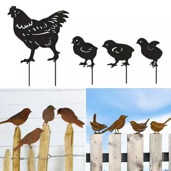 Садовые колышки для кур и птиц, металлические силуэты кур и цыплят, уличные украшения, деревенские колышки для птиц, декор для двора, патио, газона A