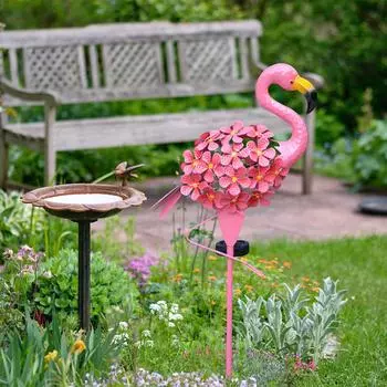 Садовые солнечные светильники Уличные солнечные светильники Flamingo Stake Lights Металлические декоративные светильники Flamingo Всепогодные розовые фламинго розовый