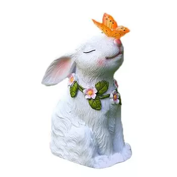 Садовые статуи на солнечных батареях Кролики с бабочками Солнечная зарядка Расписанная вручную синтетическая смола Солнечная белый
