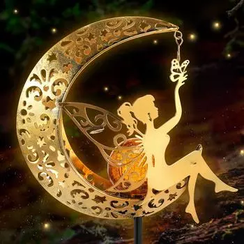 Садовые светильники на солнечных батареях, наружный декор, лунная фея, трескучие стеклянные светильники, водонепроницаемые светодиодные металлические колышки, орнамент, декоративный колышек для дорожек