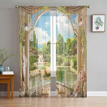 Садовые тюлевые шторы с цветами на балконе для гостиной, прозрачные занавески для спальни, вуаль, декоративные украшения для окон 135W x 114H(cm)