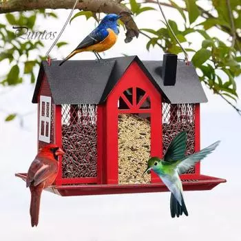 Садовый подвесной домик-кормушка для птиц с 3 отделениями, большая вместимость, украшение для двора, наружное металлическое устройство для кормления колибри и белки красный