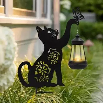 Садовый солнечный светильник Металлический светильник в форме кошки на солнечной энергии с кольями Простая установка Наружный нержавеющий декоративный светильник для сада, газона и двора чёрный