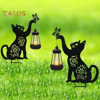 Садовый солнечный светильник Металлический светильник в форме кошки на солнечной энергии с кольями Простая установка Наружный нержавеющий декоративный светильник для сада, газона и двора чёрный