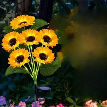 Садовый солнечный светильник зеленый кожаный столб со светом большая голова подсолнух 6 головок солнечное питание с автоматическим выключателем индукция садовое украшение