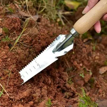 Садовый совок 5 в 1 из нержавеющей стали для удаления сорняков с деревянной ручкой, многофункциональный ручной совок для легкого удаления сорняков, посадки и пересадки 1pc