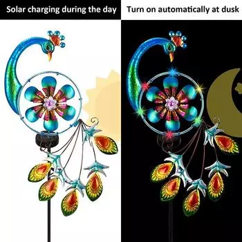Садовый вертушка Peacock на солнечной батарее - металлический кинетический ветряной вертушка для наружного декора, идеально подходит для патио, газона и сада 1pcs