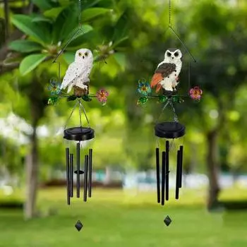 Садовый ветрозвон, устойчивый к погодным условиям, не требующий проводов, красивый подвесной светодиодный светильник в форме совы на солнечной батарее белый