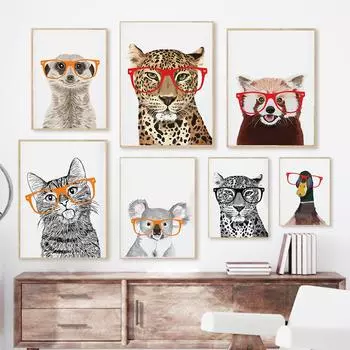 Сафари детеныши животных лев зебра в очках постеры холст картина детская настенная живопись печать детская комната фотографии скандинавский детский декор 21x30cm No Framed розовый