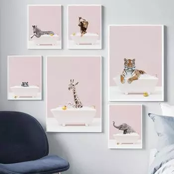 Сафари детеныши животных ванна принты постер розовый жираф слон носорог холст картина скандинавский ребенок настенное искусство ванная комната туалет декор 21x30cm No Framed