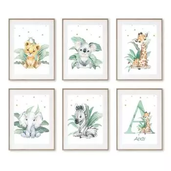 Сафари, джунгли, животные, коала, жираф, лев, бохо, настенное искусство, холст, картины, постеры, пользовательское имя и принты, декор детской комнаты 21x30cm No Framed