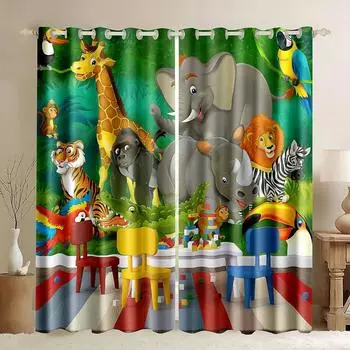 Сафари животные мультфильм джунгли лес окна шторы жалюзи для гостиной детская спальня ванная комната кухня дверь домашний декор 2 шт 100W130H(CM)40x51in&rod pocket