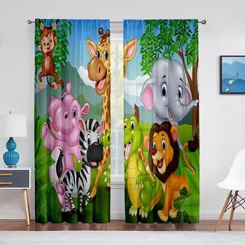 Сафари животные мультфильм джунгли лес окна шторы жалюзи для гостиной детская спальня ванная комната кухня дверь домашний декор 2 шт (W50cmxH130cm)x2&Rod Pocket