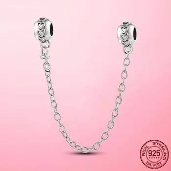 Safety Chain S925 925 Sterling Silver Band of Hearts Safety Chain Charm Beads Fit Original Fashion Charms Bracelet S925 Jewelry