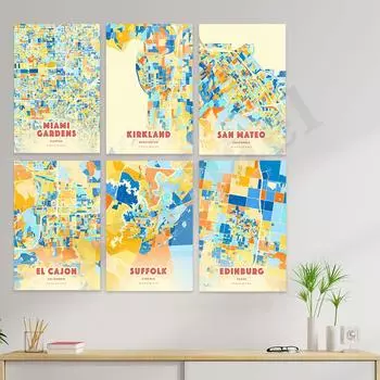 Саффолк Эль-Кахон Трой Блумингтон Вест-Ковина Эдинбург Дейли-Сити Киркленд Майами Лансинг Сан-Матео. Плакат с цветной картой города 21cm30cm NoFrame
