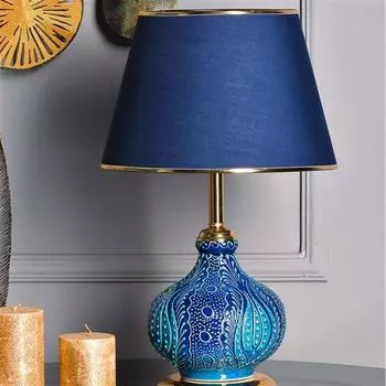 Safir Light Patara Tile Подробный керамический абажур Синий колпак / Золотая ножка