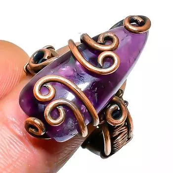 Кольцо из медной проволоки ручной работы с драгоценным камнем аметистового шалфея, размер 7,5