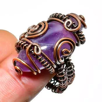 Ювелирное кольцо ручной работы с шалфейным аметистом и медной проволокой, размер 9,5