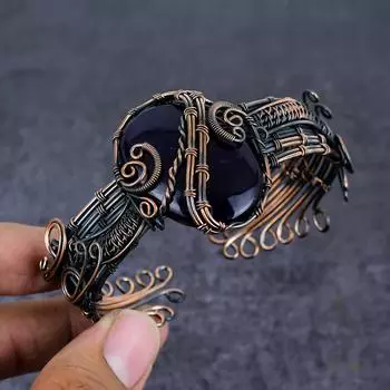 Sage Amethyst Gemstone Handmade Copper Wire Wrap Cuff Bangle Adjustable L9s95