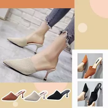 Sagit Женские тапочки на высоком каблуке Летние вязаные эластичные ткани с открытым носком Толстые сандалии 35 бежевый