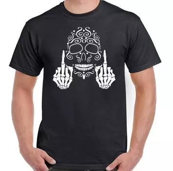Сахарный череп Средний палец Мужская футболка «День дня» Хлопковые топы Футболка Мужская с коротким рукавом Повседневная мужская футболка для компьютерных фанатов Плюс Размер Мода L чёрный