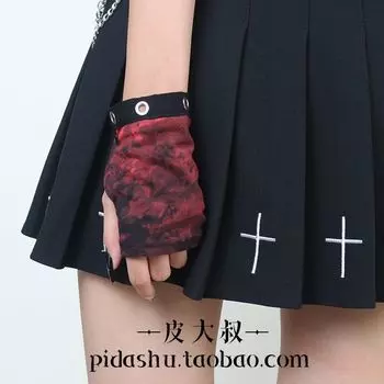 Saibo Harajuku Half Finger Sleeve Ins Metal Punk Style Motorcycle Tie-dye Personality Men and Women Functional Style Dark Sleeve Red/Left hand single One size