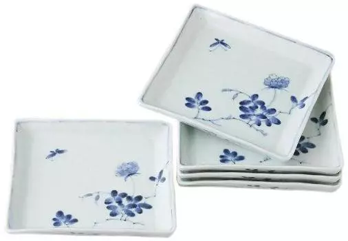 Saikaitoki Hasami Ware 10649 Square Serving Plate, Nobara Pattern, 5.7 inches (14.5 cm), Set of 5, Comes in a Presentation Box