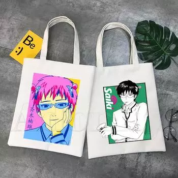 Saiki K Сумки для покупок Сумка для покупок Большая сумка через плечо Холщовые сумки Большая вместительная сумка для колледжа 24*26cm
