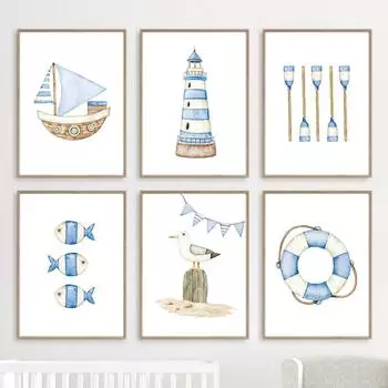 Парусник Маяк Рыба Морской Детская Плакаты И Принты Холст Картина Скандинавские Настенные Картины Детская Комната Домашний Декор 21x30cm No Framed