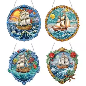 Парусник на море, специальная форма, алмазная картина, подвесной кулон, 5D, сделай сам, алмазная картина, точки, кулон для декора окна в саду KJ0233