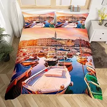 Sailing Boat Duvet Cover,Romantic City Sunset View Bedding Set,Colorful Boat Comforter Cover Valentine s Day Theme Quilt Cover US Queen(228x228cm)