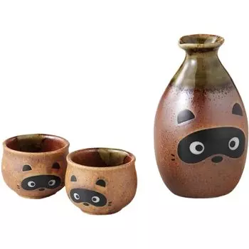 Sake Sake Diameter x Shigaraki Sake Cold Hot Mino Made in Japan Ale-net Set, Tokkuri, Cup, 7.6 12.3cm, 270cc, Tanuki, Set, Sake, Sake, Porcelain,