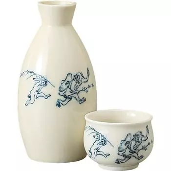 Sake Set Sake Kuri Ochoko Set Diameter x Height 15cm 300ml Chojugiga Yellow Porcelain Large Sake Kuri Set Pottery Mino Ware Cold Sake Sake Ale-net 7.5