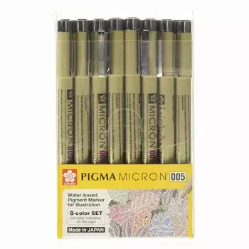 Sakura Pigma Micron 005, 8 цветов, набор пигментов на водной основе для иллюстрации