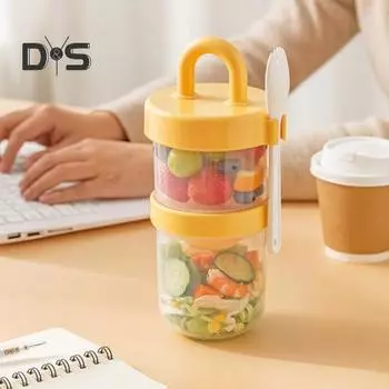 Салатница Двухслойная чашка для хлопьев с крышками и вилкой Портативная герметичная банка для овсянки Чашки для завтрака на ходу с соусом Чашка для путешественников Студентов розовый