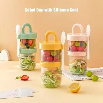 Салатница Двухслойная чашка для хлопьев с крышками и вилкой Портативная герметичная банка для овсянки Завтрак на розовый