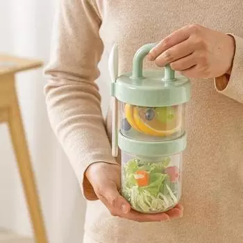 Салатница двухслойная чашка для хлопьев с крышками и вилкой портативная герметичная овсянка жёлтый