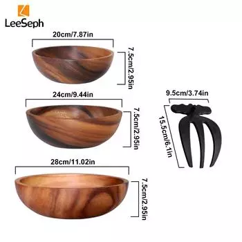 Салатница из акации Leeseph с 2 держателями для салата, деревянные сервировочные миски, отделка под натуральное дерево, идеально подходит для домашней столовой