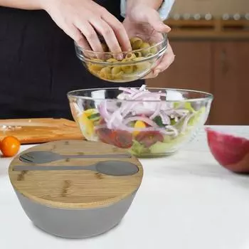 Салатница на 3340 мл с крышкой, вилкой, ложкой, экологически чистый большой набор для сервировки салата из бамбукового волокна для домашней кухни, легкая миска для смешивания фруктового салата чёрный