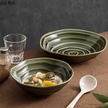 Салатница с неровной текстурой из керамической глины, зеленая толстая суповая миска, миска для завтрака, десертные миски, цветная подглазурная посуда
