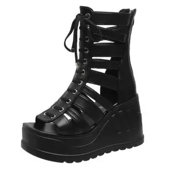 Sale Ladies 9.5CM Wedge Sandals Fashion High Heels Goth Punk Summer Casual Platform Shoes Ladies Comfort Lace Up Zipper Buckle 35 белый