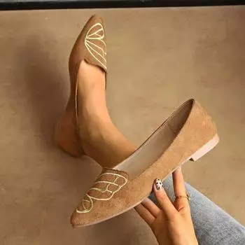 Распродажа Женская обувь Неглубокая мода Вышивка Повседневные балетки Сексуальные остроносые туфли на низком каблуке Zapatos Flat Shoes 35 коричневый