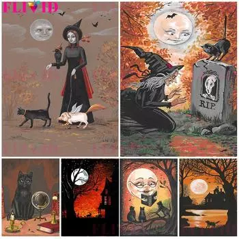 Салем Стена Осенняя Вечеринка Ведьмы Художественное Украшение Картина Маслом Дом Ведьмы Призрак Ретро 21cm30cm NoFrame