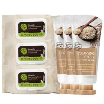 Салфетки для умывания Kwailnara Grain Cleansing Tissues 300 листов + очищающая пенка с пророщенным коричневым рисом 3 x 120 мл, пророщенный коричневый рис