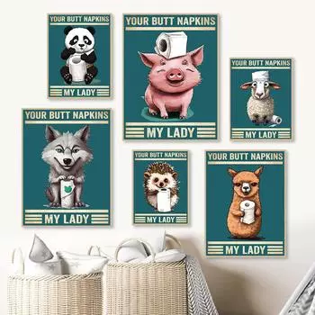 Салфетки для задницы Свинья Леди Смешной Юмористический Ретро Ванная Комната Настенный Арт Плакат Печать Туалет Животное Холст Картина Комната Домашний Декор 21x30cm No Framed