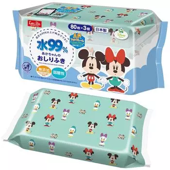 Салфетки LEC Disney pure water baby soft 80 шт. x 3 шт., слабое, сделано в Японии, 99%, (Микки и друзья), без добавок, кислотный, белый
