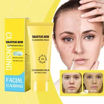 Салициловое очищающее молочко, очищающее средство против прыщей, отбеливающее очищающее средство, глубокое очищение, мягко регулирует секрецию кожного сала, 80 г One Size