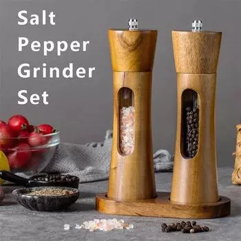 Salt and Pepper Grinder Set 8 inch Wooden Mills with Storage Base Adjustable Ceramic Steel Core Spice Shakers Manual Grinder